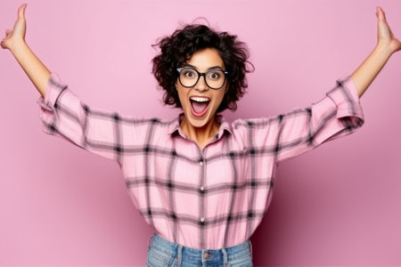 People dedication and promise concept Happy girlfriend keeps hands on heart swears be loyal to boyfriend expresses gratitude wears spectacles casual shirt stands against  : Generative AIの素材