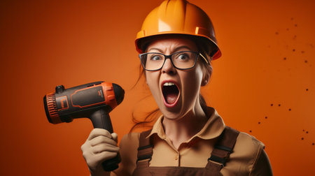 Occupation job and profession concept Attractive young woman electrician or plumber with big astonished eyes cheering feeling happy and excited after she got promoted kee : Generative AIの素材