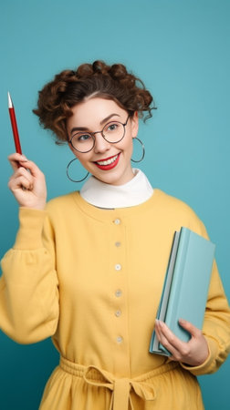 Photo of attractive ginger pupil with long wavy hair tries to memorize something keeps fore finger on temple reminds information for exam wears spectacles and jumper stan : Generative AIの素材