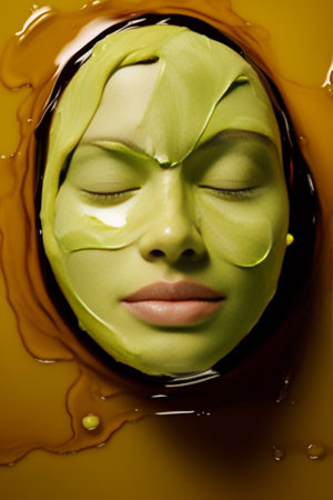 Overjoyed happy woman has skin care cleanser spa day clenches fists rejoices success applies natural green facial mask made of cucumbers or avocado smiles broadly poses i : Generative AIの素材