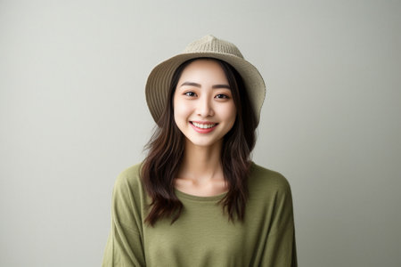 Portrait of tender lovely Asian woman has rouge cheeks pleasant smile keeps hands under chin looks happily directly at camera wears knitted hat green jumper being interes : Generative AIの素材