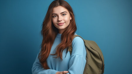 People disease concept Ill dark haired woman sneezes in handkerchief carries rucksack listens music in headphones dressed casually stands against blue background Student  : Generative AIの素材
