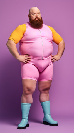 Pleased powerful man says look at me points at himself wears superhero costume has fun thick beard with clothespins isolated on pink studio background Funny father entert : Generative AIの素材