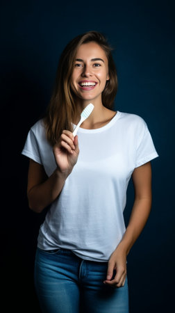 Portrait of happy woman with curly combed hair wears casual striped t shirt and headband holds toothbrush and fresh mouthwash cleans teeth regularly isolated over blue ba : Generative AIの素材