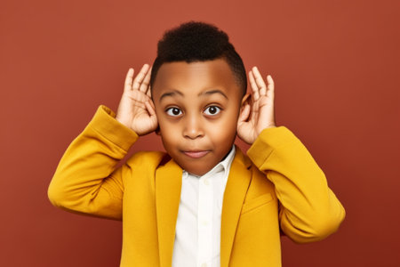 Photo of African American mad male child shouts loudly and plugs ears hears irritated sound has displeased expression isolated over pink background Mixed race teenager wi : Generative AIの素材