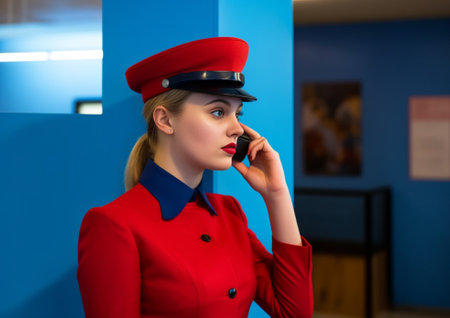 Portrait of happy wrinkled woman looks aside waits for call holds modern cellular learns how use modern technology wears red headgear coat models over blue wall free spac : Generative AIの素材