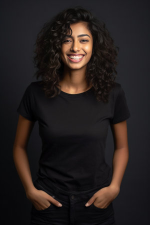 Portriat of pretty curly female wears striped black and whitte t shirt smiles happily as being glad to meet best friend who tels her funny jokes or stories Happiness and  : Generative AIの素材