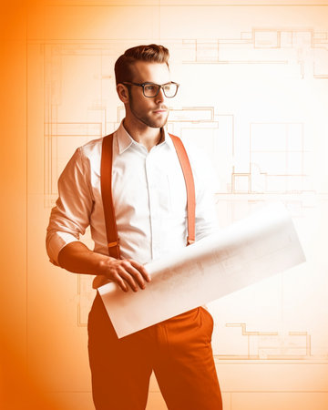 Renovation and occupation concept Young handyman wearing protective goggles shirt and kit full of tools holding blueprint looking with excited expression into camera goin : Generative AIの素材