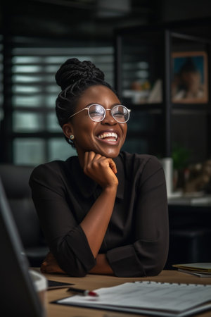Pleased attractive dark skinned female model wears glasses has shining smile glad to finish work and has break poses against office interior Glad African American woman w : Generative AIの素材