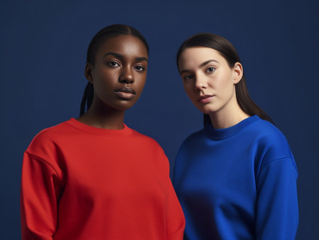 Portrait of serious multiethnic women stand closely to each other have calm confident look at camera dressed in red clothing have natural beauty healthy skin pose in stud : Generative AIの素材