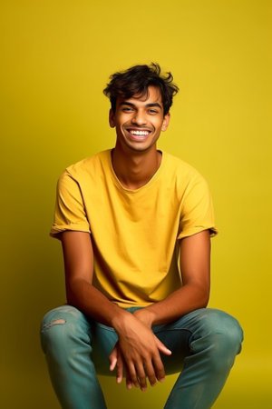 Photo of handsome teenage boy with dark skin curly hairstyle wears casual green t shirt looks with calm serious expression at camera isolated over yellow background blank : Generative AIの素材