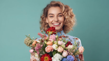Pleased romantic woman gets beautiful bouquet as present from beloved boyfriend during date closes eyes and smiles gently dressed in pink jacket embraces bunch of flowers : Generative AIの素材