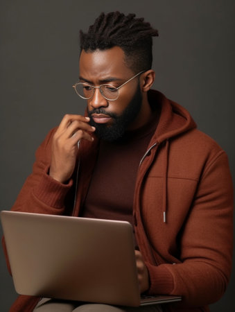 Photo of serious dark skinned man with sullen expression indicates with index finger directly at camera has displeased look dressed in red jumper holds textbooks purses l : Generative AIの素材
