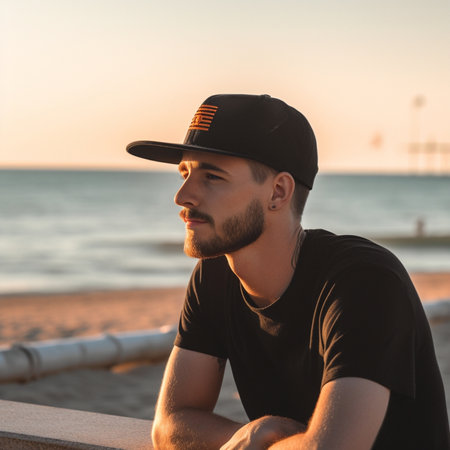 Close up portrait of handsome young man with fuzzy beard wearing sunglasses and baseball cap backwards holding his white surfboard and looking at ocean waiting for giant  : Generative AIの素材