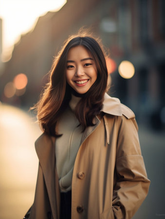 Positive Asian girl with tender smile has dark hair points aside on blank space dressed in raincoat holds gas lamp enjoys adventurous trip carries retro camera with her s : Generative AIの素材