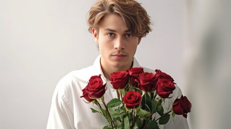 Sad upset man recieves refusal from colleague to date carries bouquet of roses valentine cries from despair dressed in elegant white shirt poses at workplace with electro : Generative AIの素材