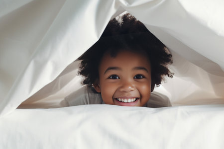 Playful positive dark skinned young woman peeks through fingers has glad expression Afro hairstyle anticipates for surprise from boyfriend in morning has fun in bed alone : Generative AIの素材