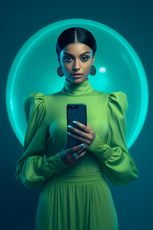 Puzzled confused dark skinned woman in formal wear looks indignant at smartphone gazes at display reads business news on website isolated blue background People and moder : Generative AIの素材