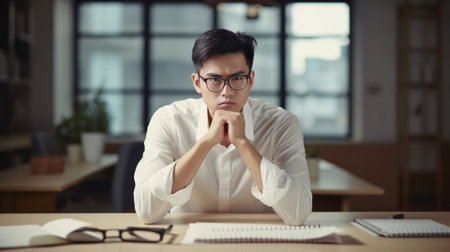 Portrait of handsome frustrated man looks down with suspicious expression notices something on floor wears glasses and white shirt red braces Stunned attractive employee  : Generative AIの素材
