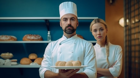 Serious woman and man stand back to each other hold wooden rolling pins participate in culinary battle show who cooks better compete in culinary arts pose at kitchen Cook : Generative AIの素材