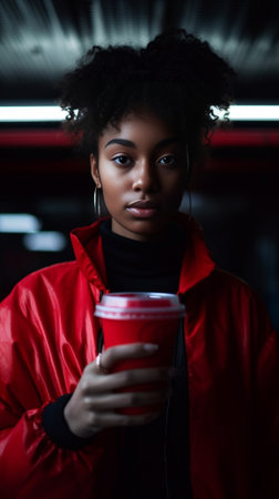 Serious thoughtful young African American woman stands near windowsill drinks aromatic beverage holds modern cell phone waits for important call wears casual red sweater  : Generative AIの素材