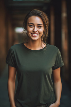 Pleased pretty woman with dyed hair dark eyes and healthy skin dressed in brown Tshirt green jacket holding hands in pockets smiling while posing against white concrete w : Generative AIの素材