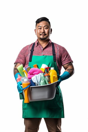 Puzzled Asian housekeeper tries to keeps home bright and clean shocked how much dust is in room looks at dirty sponge does household chores poses near basket full of laun : Generative AIの素材