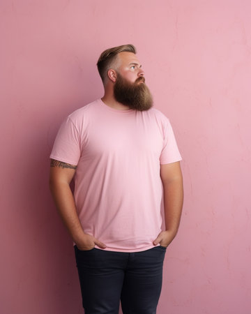 Positive plump man with thick beard shares great news in social networks with friend being on cloud nine from happiness holds modern smartphone wears black t shirt isolat : Generative AIの素材