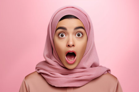 Indoor shot of shocked young women stare impressed react on stunning news wear casual clothes pose against pink background Stunned female models habe surprised face expre : Generative AIの素材