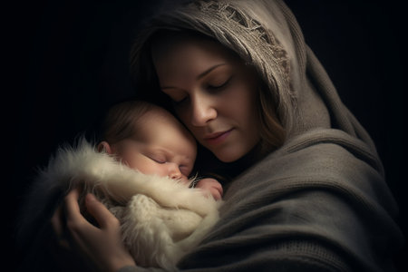 Exhausted mother yawns and wants to sleep poses with newborn baby wrapped in blanket tired of doing domestic chores has much work as cares about infant Parenthood tiredne : Generative AIの素材