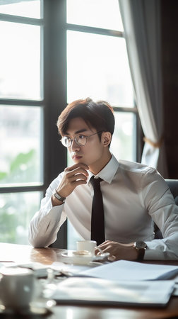 Handsome young European designer dressed in formal wear holding white mug enjoying fresh espresso during working day at office developing house interior design sitting at : Generative AIの素材