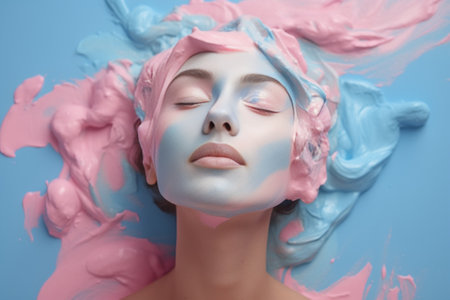 Young brunette woman wears clay mask does moisturise beauty and cleansing procedures for skin holds half of avocado over mouth applies hair curlers poses against pink bac : Generative AIの素材