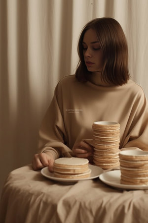 Surprised young pretty woman hides behind pile of pancakes stares with widely opened eyes has delicious breakfast wears soft pajama and wrapped towel isolated over beige  : Generative AIの素材