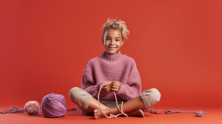 Upbeat positive teenage girl enjoys every bit of music wears stereo headphones on ears holds mobile phone sits crossed legs on floor isolated over red background listens  : Generative AIの素材