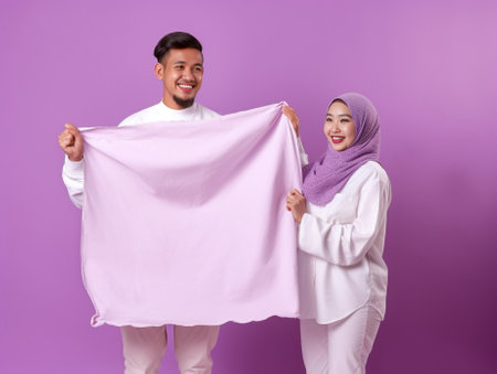 Shot of happy young housewife and her husband do spring cleaning together use different detergents brush stand closely to each other isolated over pink studio wall Family : Generative AIの素材