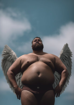 Positive plump man has fun on theme birthday party feels like fairy who makes dreams come true chills with children has thick beard and fat belly poses with magic wand an : Generative AIの素材