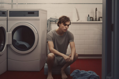 Sorrowful miserable man has fatigue expression works hard all day long about house carries laundry with washing detergent needs to load machine holds batch of dirty towel : Generative AIの素材