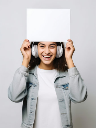 Positive young European woman with combed hair listens audio track via headphones points away at blank copy space wears knitted sweater shows place for your advertisement : Generative AIの素材