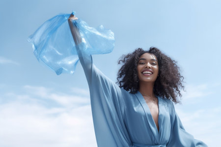 Positive smiling dark skinned woman dances carefree keeps arms raised wears blue fashionable dress closes eyes spends free time on disco party moves against blue backgrou : Generative AIの素材