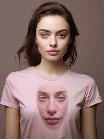Sullen European female curves lips wakes up in morning and dont have enough sleep wears casual pink t shirt stands in studio Attractive woman feels bad People negative hu : Generative AIの素材