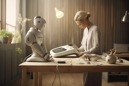 Responsible curly haired woman maid stares bugged eyes busy with housework stands near ironing desk holds water spray bottle and electric iron stands near ironed shirts H : Generative AIの素材