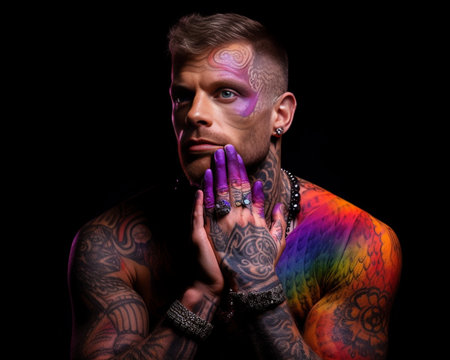 Sad offended serious bearded ginger man dirty with paints keeps tattooed arms folded has yellow smeared face wears unicorn horn and untidy white t shirt had fun with frie : Generative AIの素材