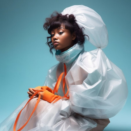 Satisfied Afro woman embraces herself imagines something pleasant being against of environmental pollution surrounded with plastic litter isolated over blue background Cl : Generative AIの素材