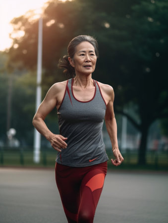 Sport recreation concept Self assured woman takes rest after running hard in park has morning workout looks directly at camera enjoys everyday practice listens music stan : Generative AIの素材