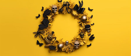 Studio shot of serious couple wears vivid makeup celebrate traditional mexican holiday wear wreath made of flowers come on costume party isolated over yellow background D : Generative AIの素材