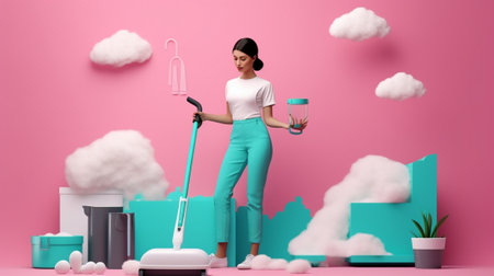 Tidyness and cleaning concept Attractive dark haired woman wears headband has upset look carries broom and scoop does housecleaning alone poses at desk with detergents is : Generative AIの素材