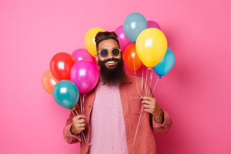 Surprised Caucasian man dirty with cream holds cake and balloons going on party wears elegant shirt bowtie and headband celebrates birthday isolated over pink background  : Generative AIの素材