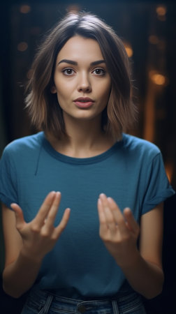 Waist up shot of pleased young woman with dark hair spreads palms dressed in striped clothes exclaims with happiness reacts on something pleasant cant believe in her succ : Generative AIの素材