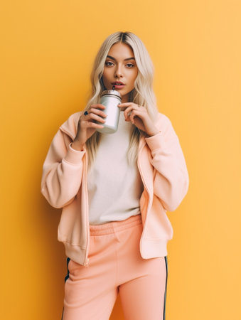 Vertical shot of lovely beautiful female with light hair keeps fore finger raised upwards shows space on blank pink wall dressed casually pouts lips People advertisement  : Generative AIの素材