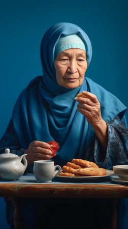 Studying in old age Pleased wrinkled woman in black headgear holds two notepads takeaway coffee prepares to conduct lectures isolated over blue bakground People pension a : Generative AIの素材